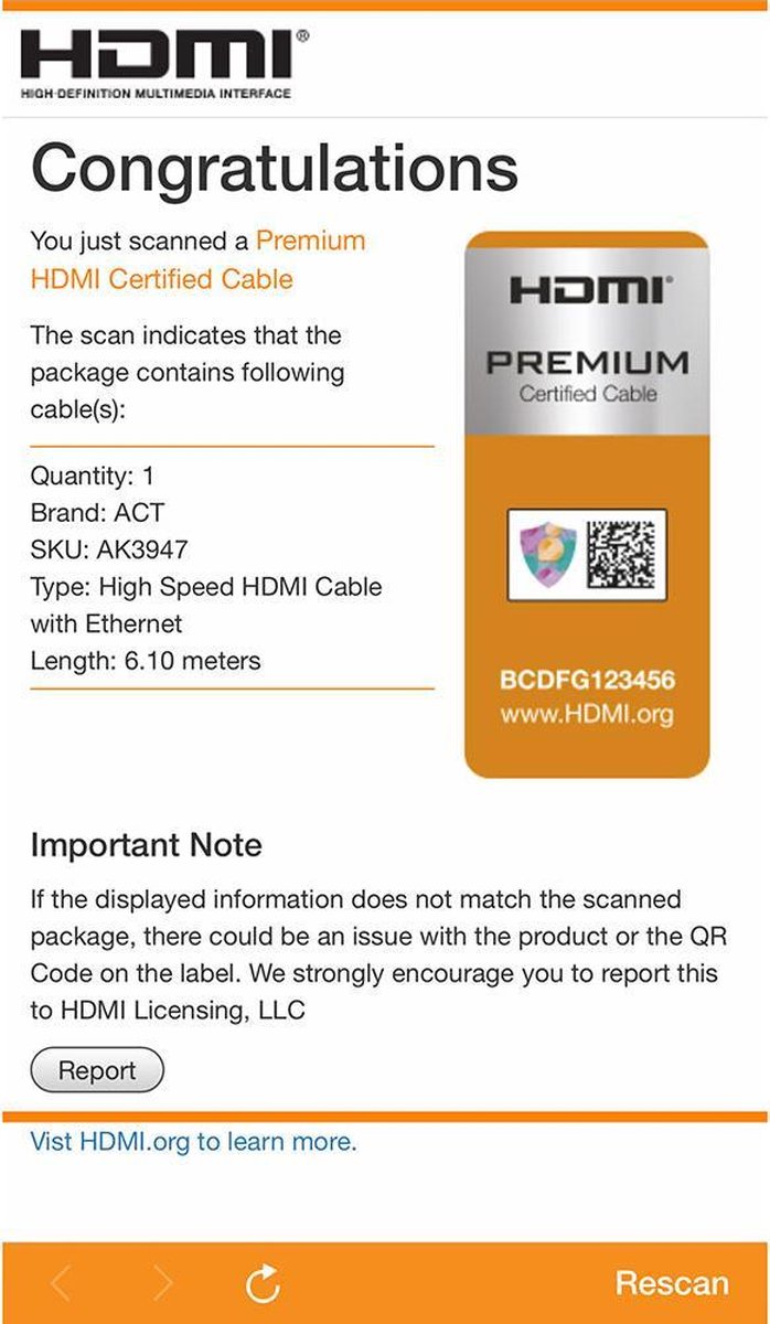 ACT AK3947 HDMI High Speed Ethernet Premium Certified Kabel - HDMI-A Male/HDMI-A Male - 6.1 meter