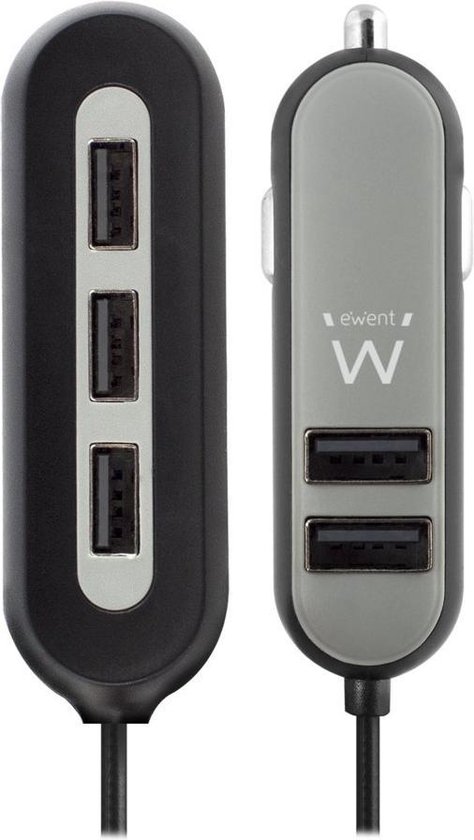 Ewent EW1355 Smart USB Autolader 5 Poorts 10.8A/Grijs - Negro