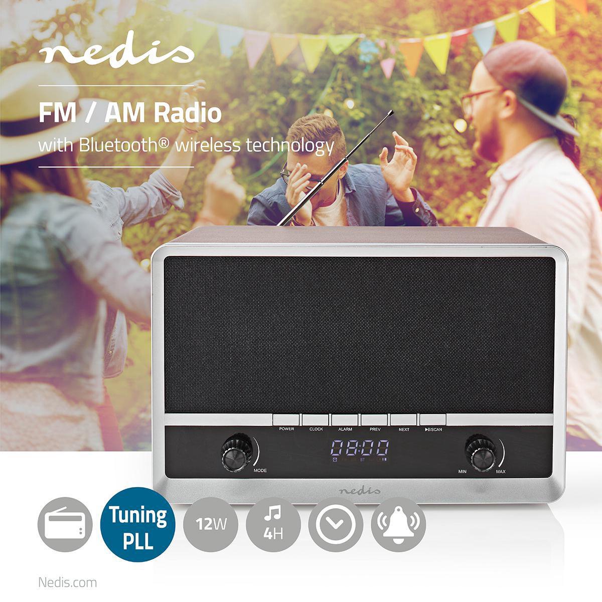 Nedis FM-radio | 12 W | FM | Bluetooth® | Klok- en Alarmfunctie | / - Bruin