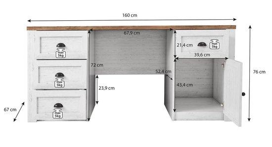 Meubella - Bureau Parello Eiken - 160 Cm - Wit