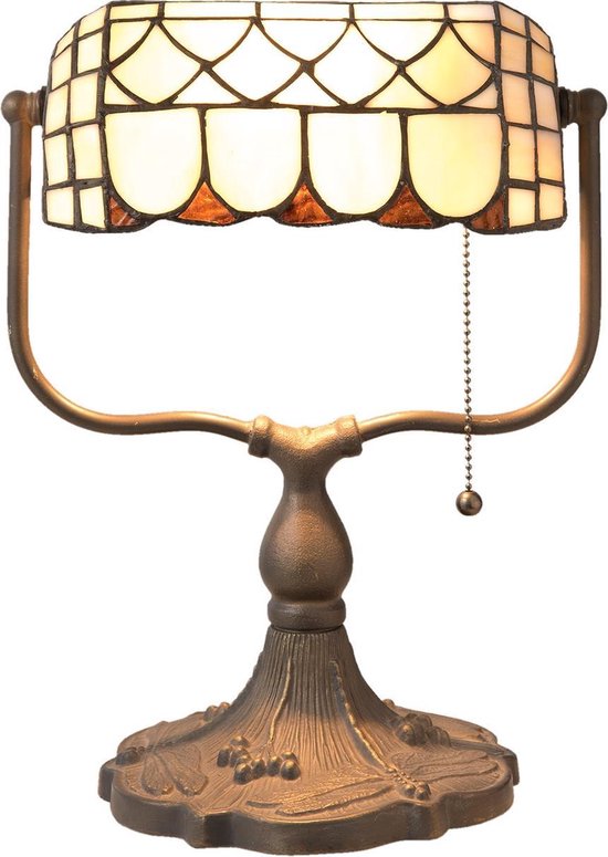 Clayre & Eef Tiffany Tafellamp Bankierslamp Met Trekschakelaar -, Brons, Ivory - Ijzer, Glas - Oranje