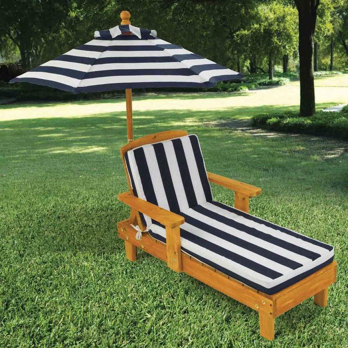 Kidkraft Chaise Longue Voor Buiten Met Parasol - Marineblauw - Bruin