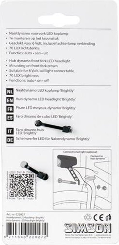 Simson voorlicht Brightly naafdynamo led 70 lux - Zwart