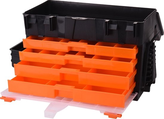 Gereedschap opbergbox/kist met 4 assortiments laden 44 x 26 x 33 cm -