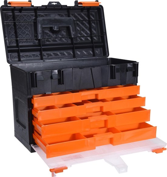 Gereedschap opbergbox/kist met 4 assortiments laden 44 x 26 x 33 cm -