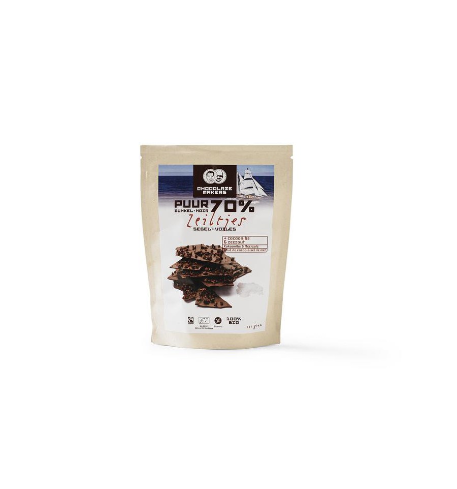 Chocolatemakers Bio chocozeiltjes puur 70% met zeezout en nibs 100 gra