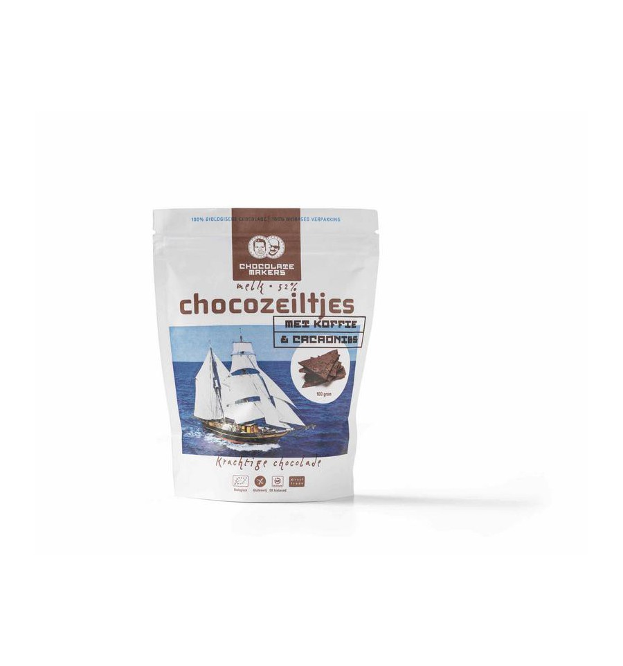 Chocolatemakers Chocozeiltjes donkere melk 52% koffie & nibs 100 gram