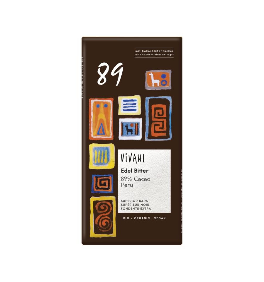 Vivani Chocolade puur 89% peru cacao 80 gram