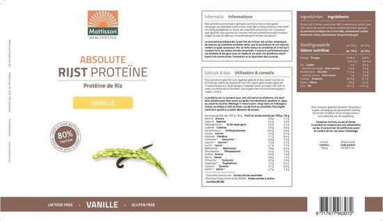 Mattisson Absolute Rijst Proteine vanille 500 gram