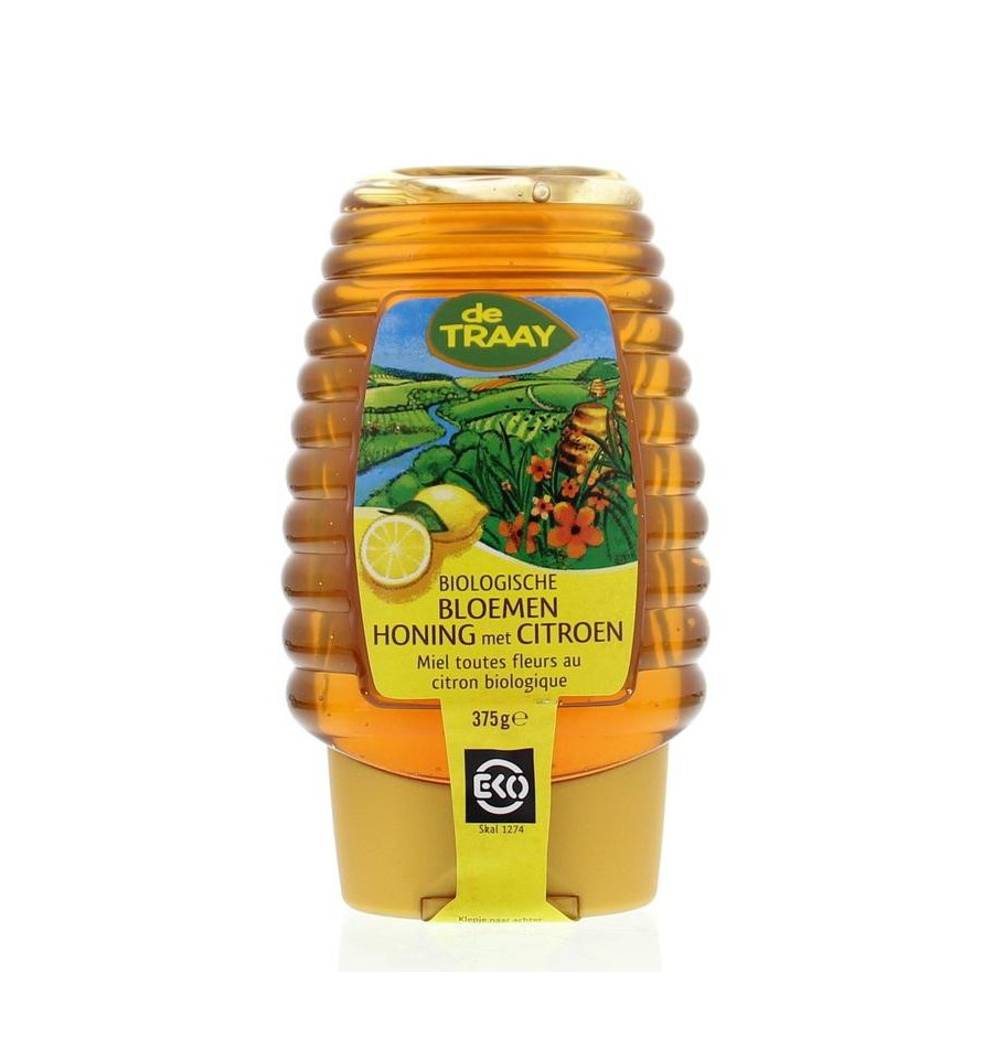 De Traay Bloemenhoning met citroen knijpfles bio 375 gram