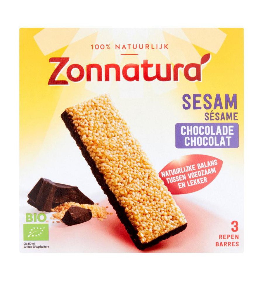 Zonnatura Sesam reep pure chocolade 3-pak 90 gram