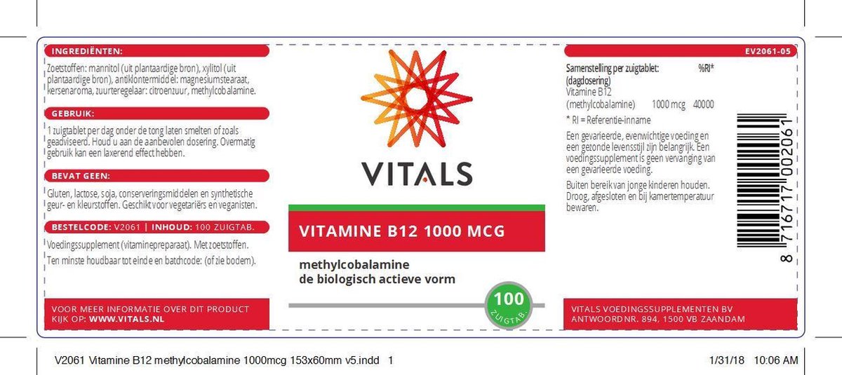 Vitals Vitamine B12 methyl 1000 mcg 100 zuigtabletten