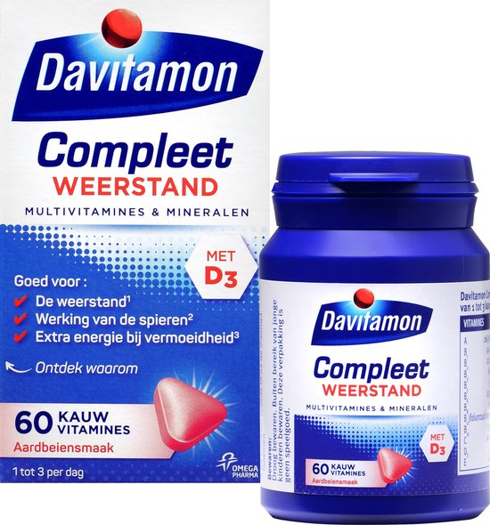 Davitamon Compleet weerstand kauwvitamines aardbei 60 kauwtabletten