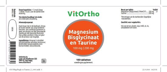 Vitortho Magnesium bisglycinaat 100 mg en taurine 200 mg 100 tabletten
