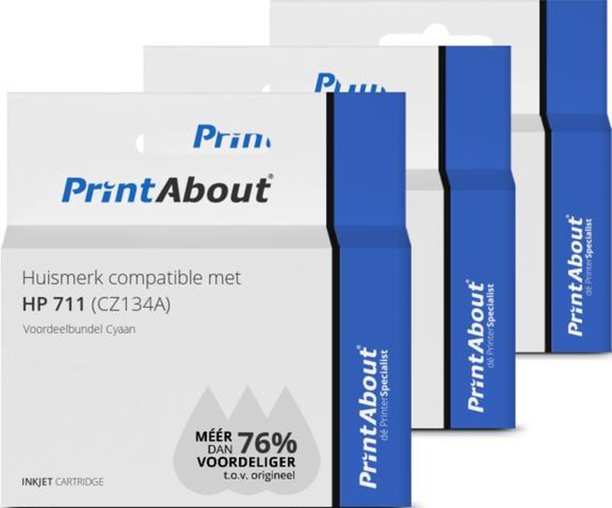 PrintAbout Huismerk compatible met HP 711 (CZ134A) Inktcartridge Cyaan Voordeelbundel