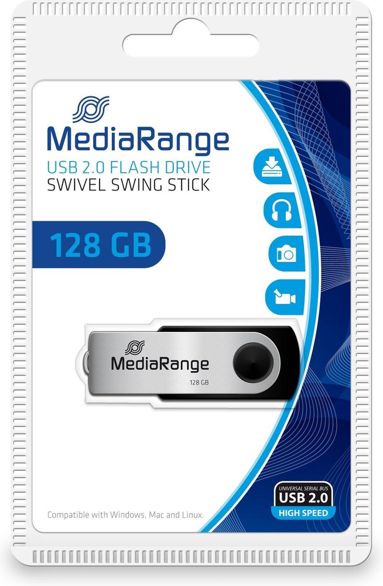 MediaRange MR913 USB flash drive 128 GB USB Type-A 2.0 Zwart, Zilver - Silver