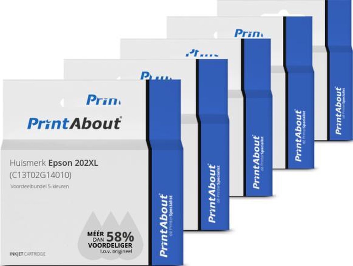 PrintAbout Huismerk Epson 202XL (C13T02G14010) Inktcartridge 5-kleuren Voordeelbundel Hoge capaciteit