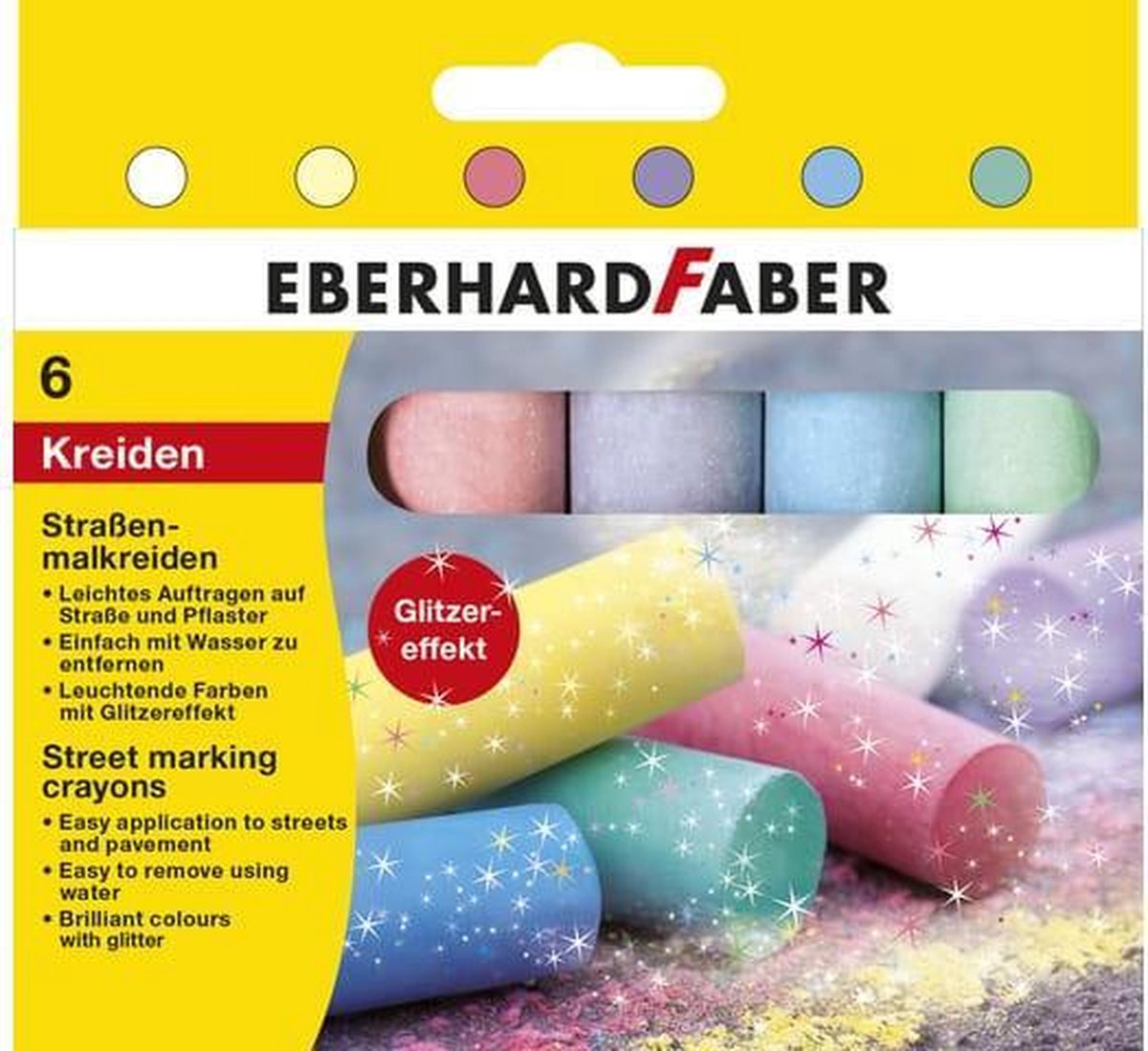 Eberhard Faber stoepkrijt 4-kantig 6 glitterkleuren