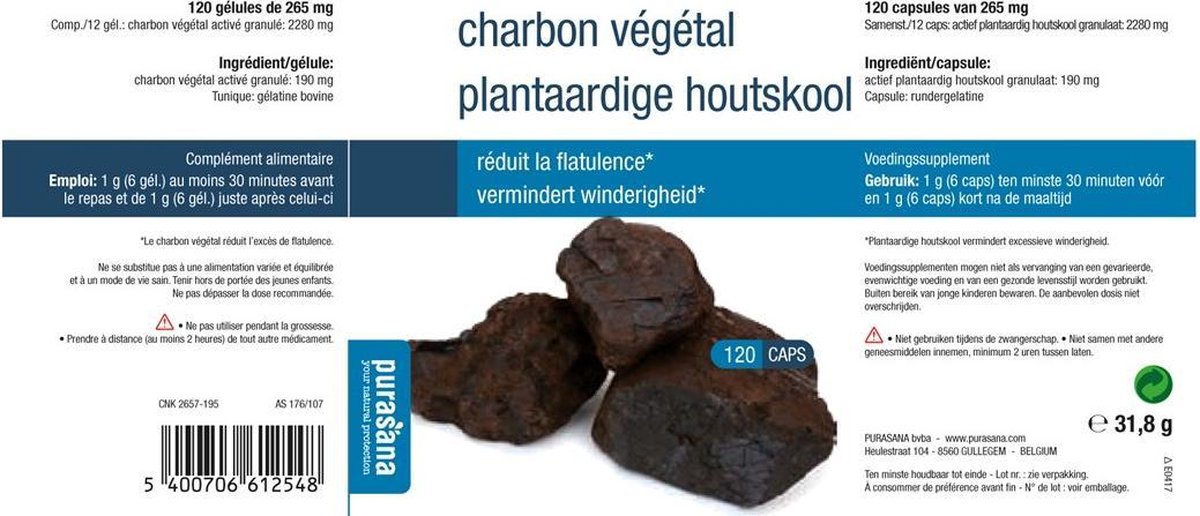 Purasana Houtskool Plantaardig 190mg Capsules