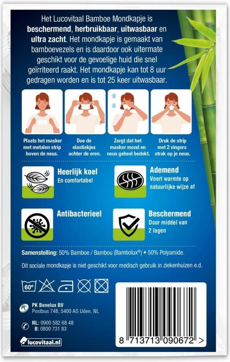 Lucovitaal Bamboe Mondmasker Herbruikbaar / Wasbaar - Wit