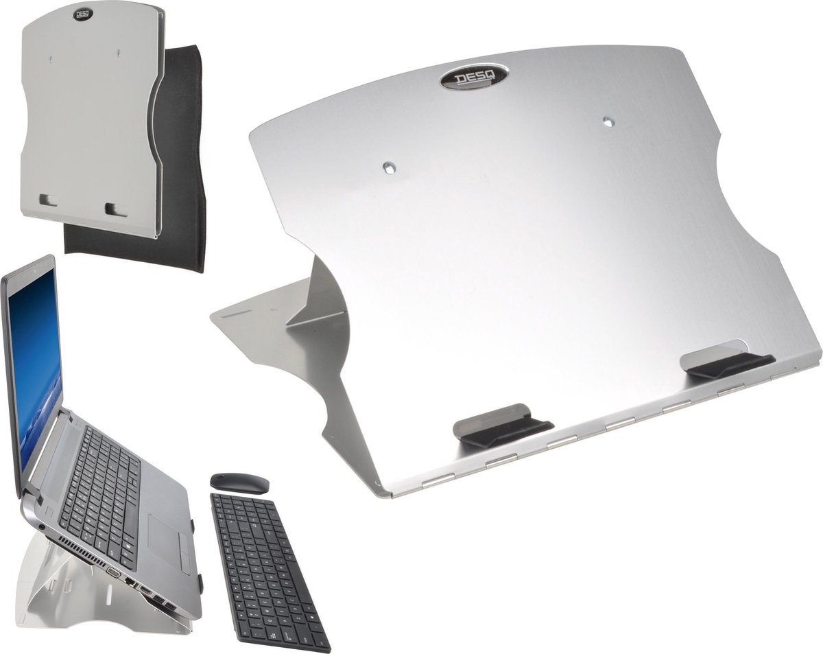 Desq ® Laptop standaard | 5 hoek standen | t/m 17" | Aluminium | Slechts 6mm dik | Incl. hoes/ muismat - Silver