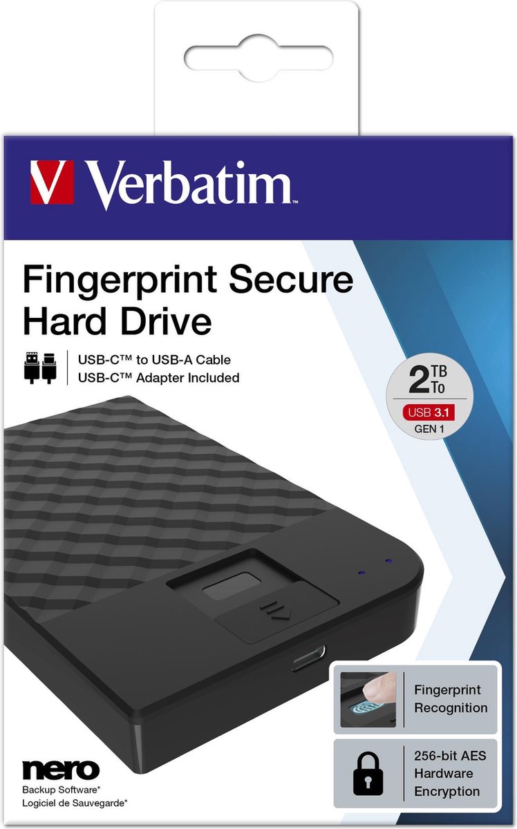 Verbatim Fingerprint Secure externe harde schijf 2 TB - Zwart