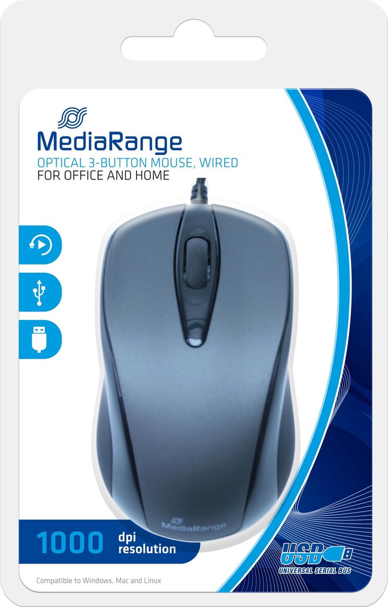 MediaRange MROS201 muis USB Type-A Optisch 1000 DPI Ambidextrous - Grijs