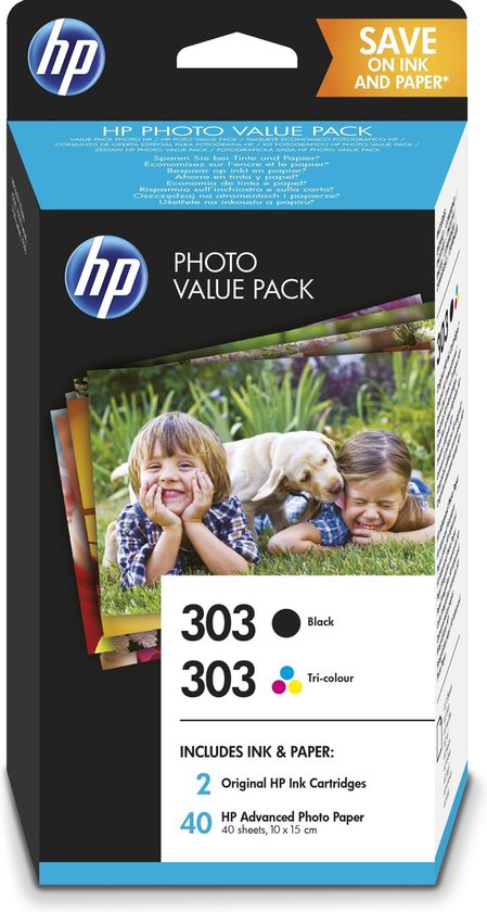 HP 303 Cartridges Combo Pack + 40 vellen 10x15 fotopapier