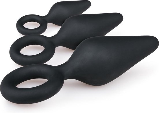 e buttplugs met trekring - setje - Zwart