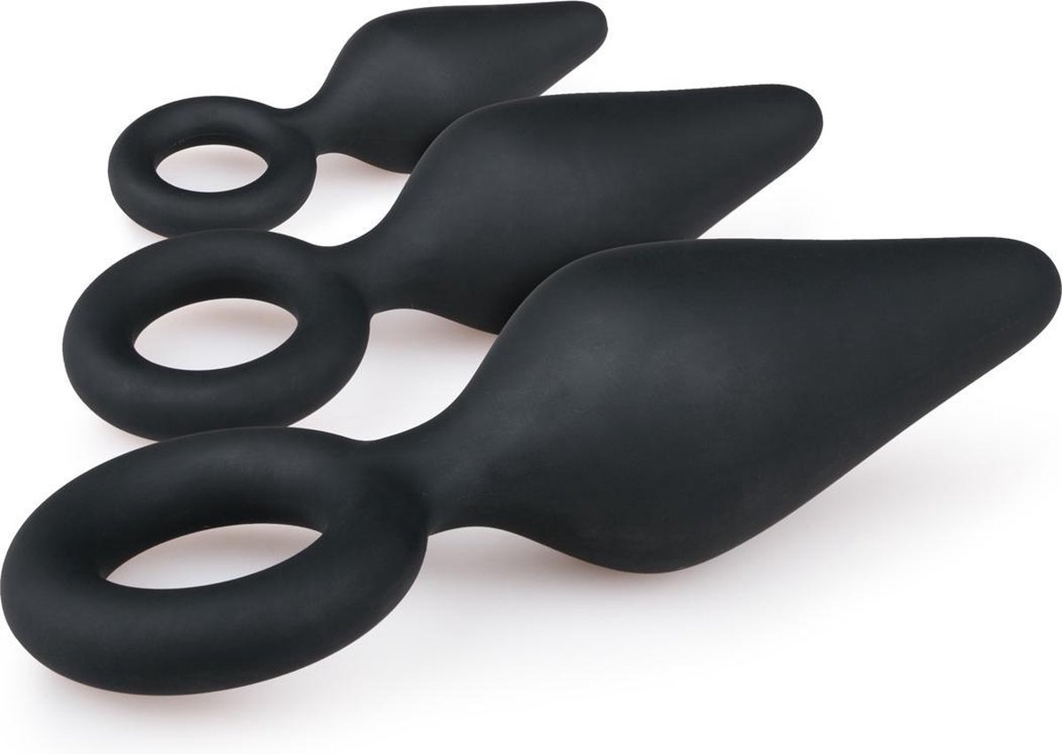 e buttplugs met trekring - setje - Zwart