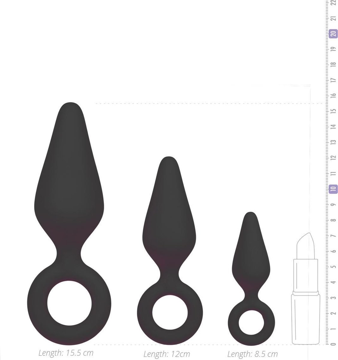 e buttplugs met trekring - setje - Zwart