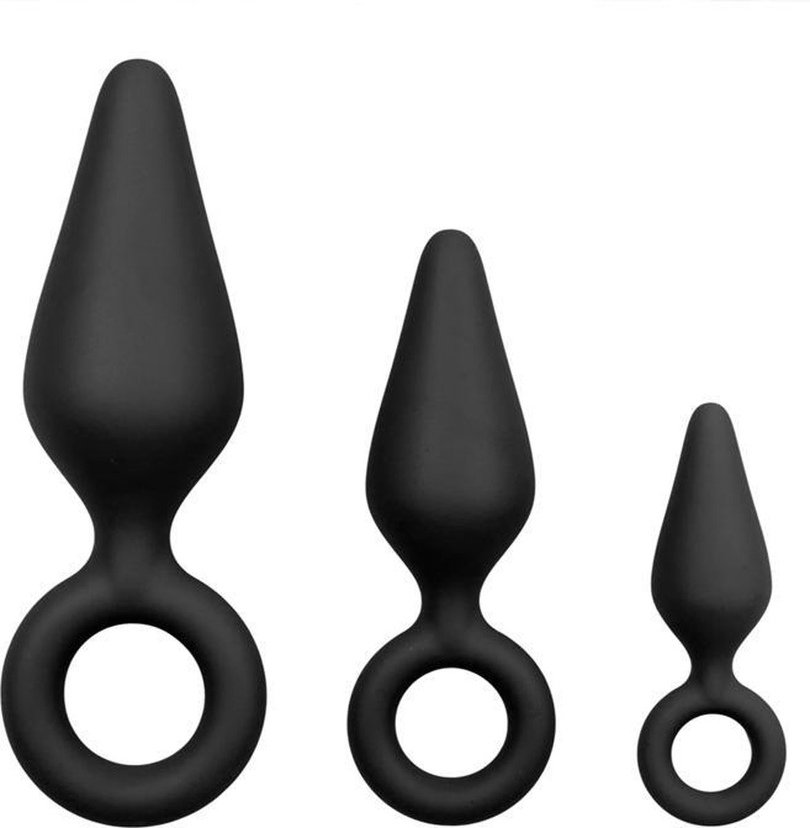 e buttplugs met trekring - setje - Zwart