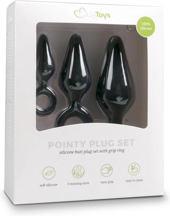 e buttplugs met trekring - setje - Zwart