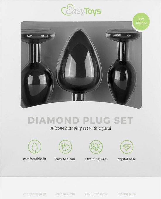 Siliconen Buttplug Set Met Diamantjes - - Zwart