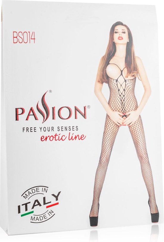 Passion Netstof bodystocking met open cups en kruis - - Rood