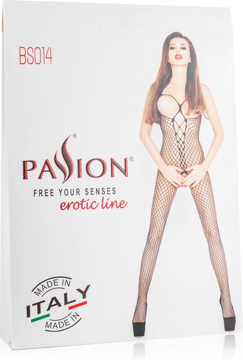 Passion Netstof bodystocking met open cups en kruis - - Rood