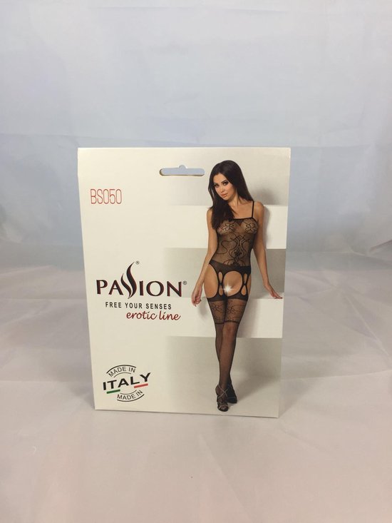 Passion Gebloemde Visnet Catsuit Met Jarretel Design - Zwart