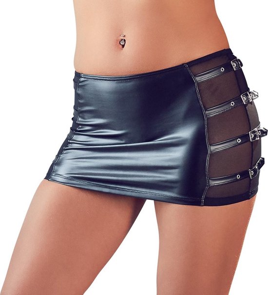 Cottelli Collection Wetlook Mini Rok Met Riempjes - Zwart