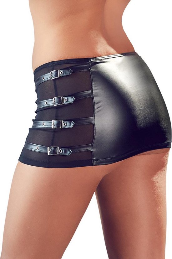 Cottelli Collection Wetlook Mini Rok Met Riempjes - Zwart