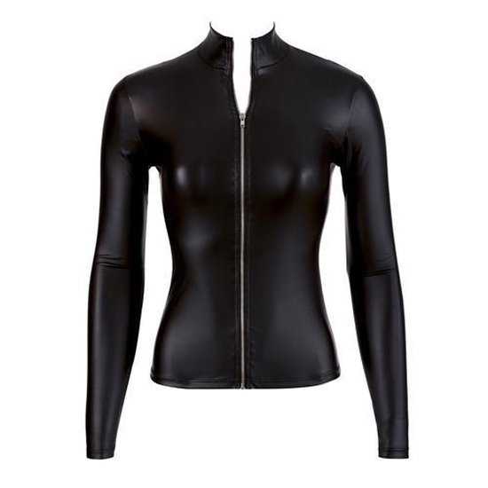 Cottelli Collection Wetlook Top Met Lange Mouwen En Rits - Zwart
