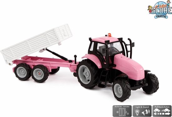 Kids Globe Tractor Met Aanhanger Diecast Licht En Geluid - Roze