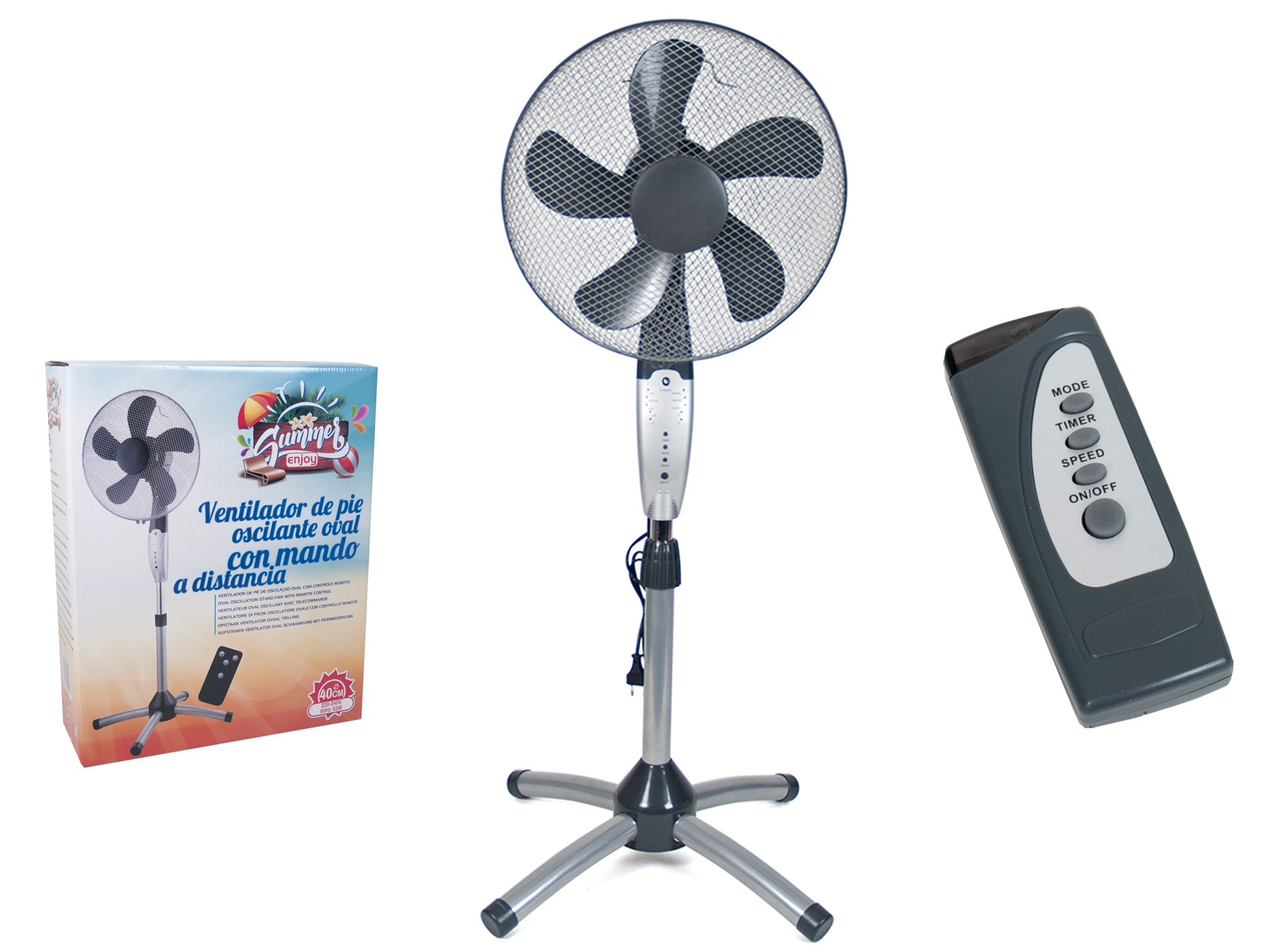 Gerimport Luxe Staande Ventilator - 40cm - 55W - 1.38m hoog - 3 Snelheden - Met Timer Met afstandsbediening - Grijs