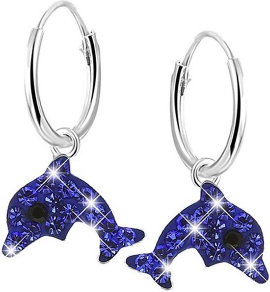 Lucardi Zilveren kinderoorbellen dolfijn sapphire kristal - Blauw