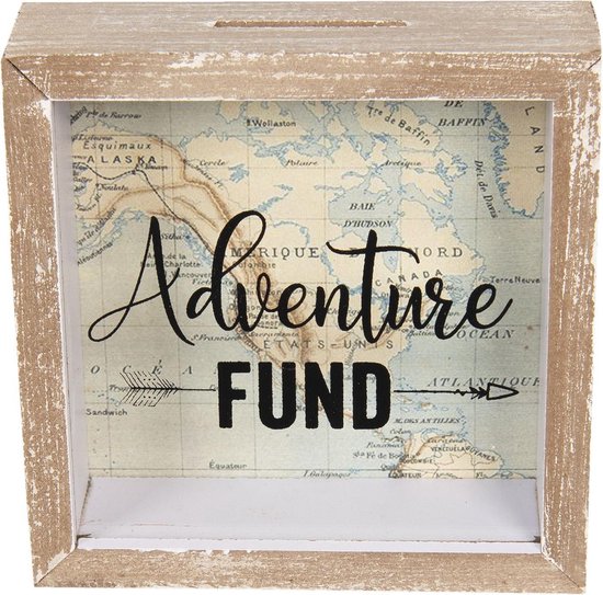 Clayre & Eef - spaarpot adventure fund 15*5*15 cm - bruin - mdf / glas - vierkant - adventure fund - 6H1734