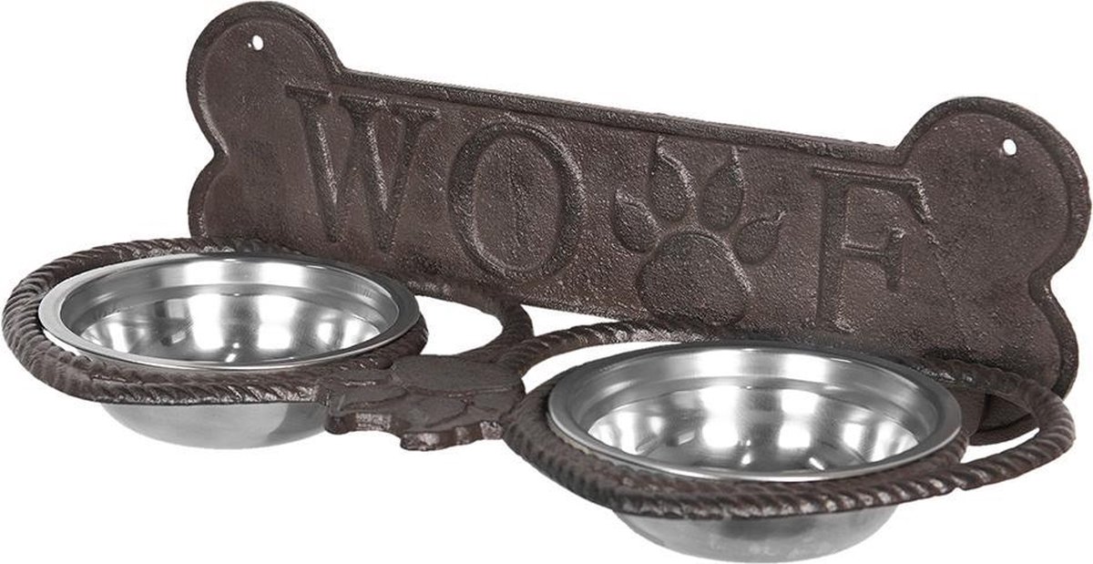 Clayre & Eef - dieren voerbak 39*18*12 cm - chocola - ijzer - rechthoekig - woef - 6Y3203 - Bruin