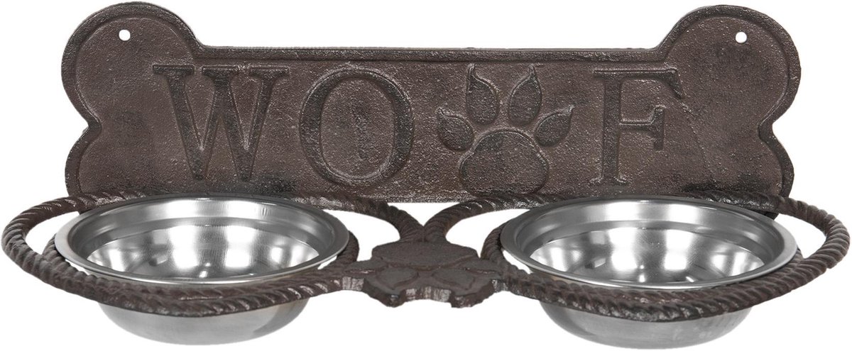 Clayre & Eef - dieren voerbak 39*18*12 cm - chocola - ijzer - rechthoekig - woef - 6Y3203 - Bruin