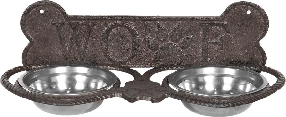 Clayre & Eef - dieren voerbak 39*18*12 cm - chocola - ijzer - rechthoekig - woef - 6Y3203 - Bruin