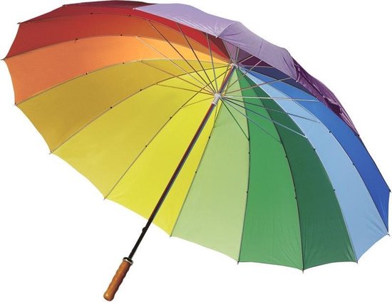 2x Regenboog paraplu met houten handvat 130 cm - Regenboog kleuren paraplu 2 stuks