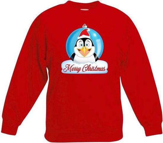 Kersttrui Merry Christmas pinguin kerstbal jongens en meisjes - Kerstruien kind - Rood
