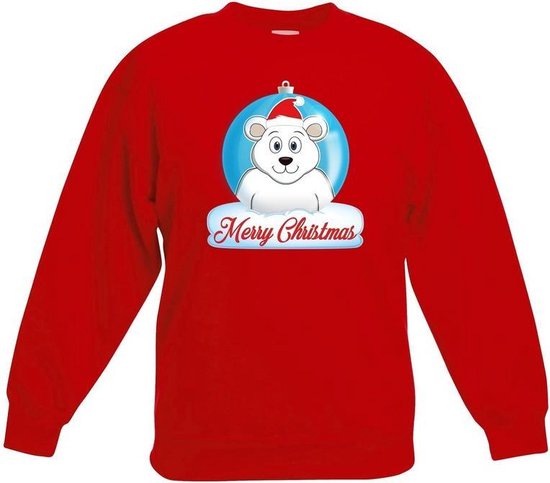 Kersttrui Merry Christmas ijsbeer kerstbal jongens en meisjes - Kerstruien kind - Rood